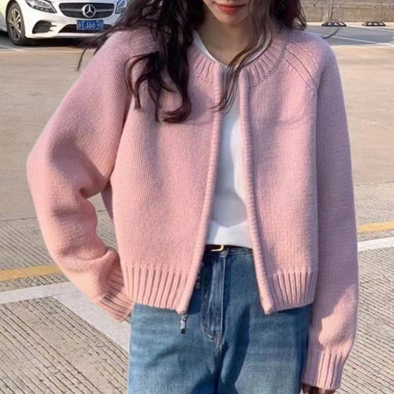2灰色短款毛衣外套女装秋冬2024新款宽松加厚拉链开衫长袖针织上