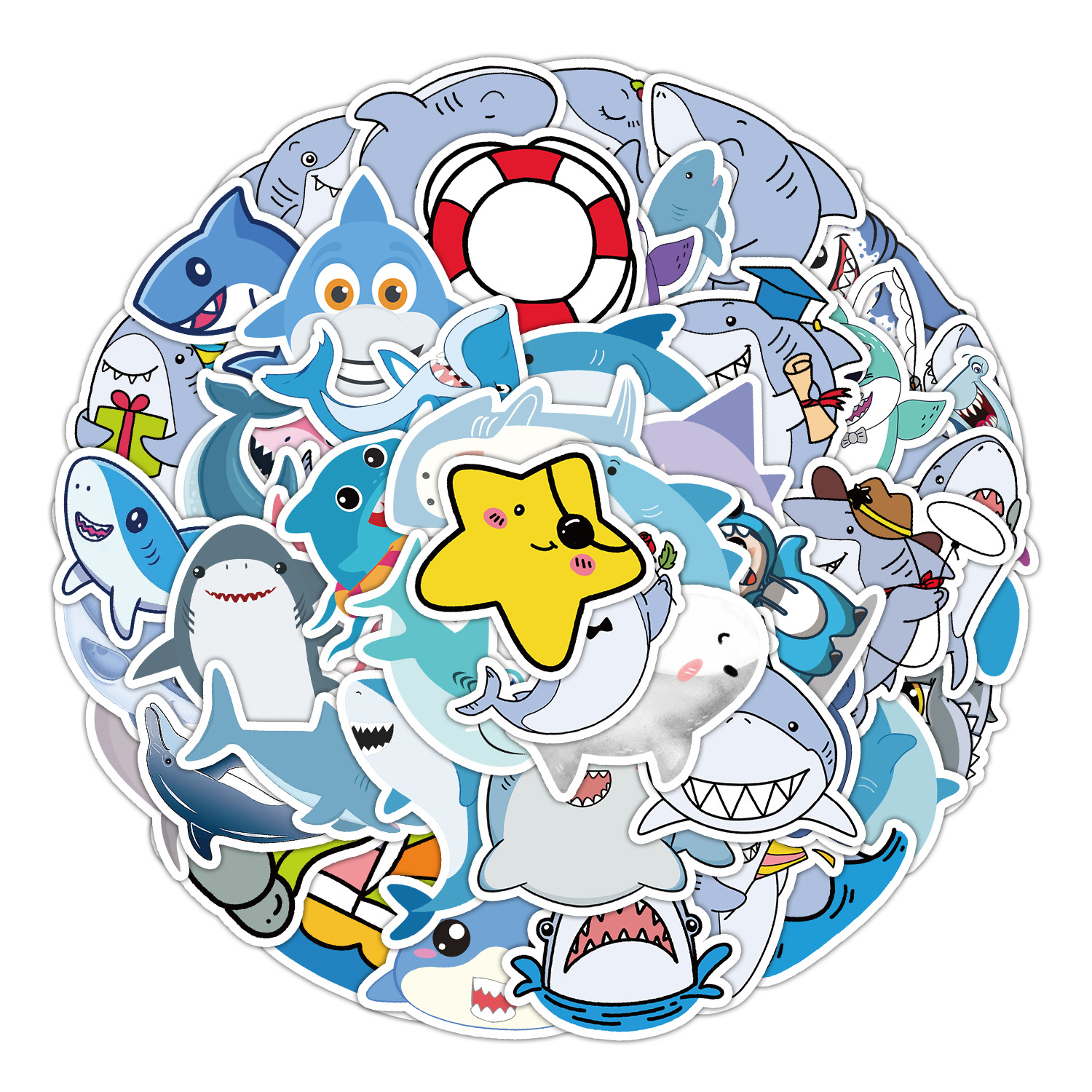 50张可爱卡通鲨鱼涂鸦贴纸手机电脑书包装饰贴画防水文具创意贴纸