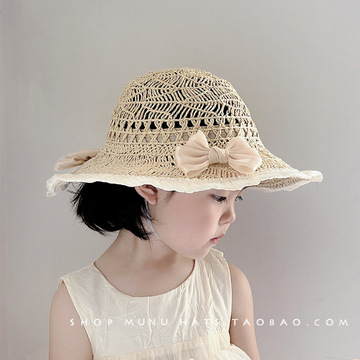 儿童草帽夏季薄款韩版蝴蝶结遮阳帽女孩出游大檐防晒帽拍照度假帽