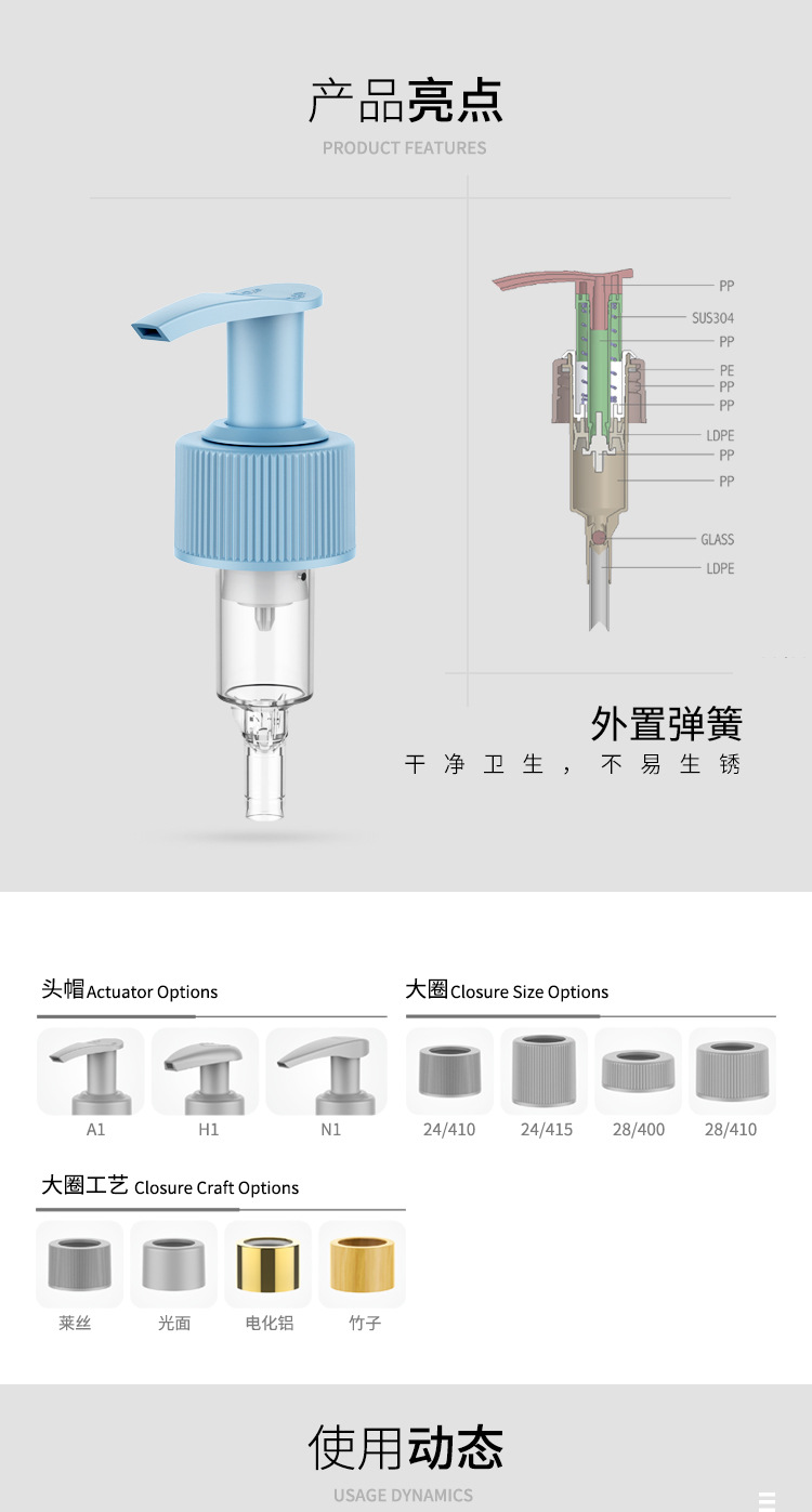 新款28/410按压乳液泵 消毒液洗手液沐浴露压嘴 28牙pp塑料压泵头采购