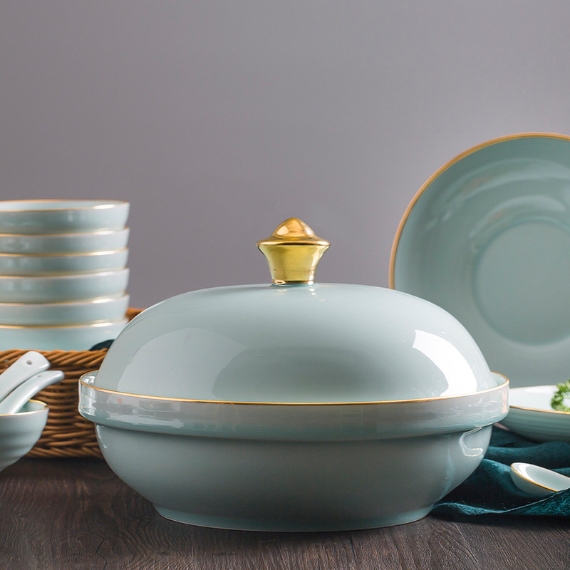 Bowl and Dish Set Household Chinese Simple Jingdezhen Misty Blue Tableware Set Gold Celadon Glaze Ceramic Bowl and Plate Combination