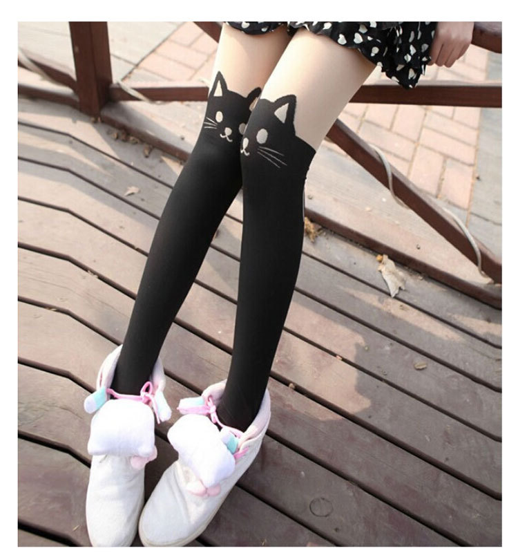 春夏季薄款假高筒过膝袜女日系假大腿卡通猫咪尾巴拼接丝袜连裤袜