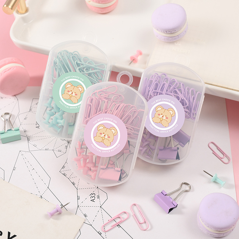 Macaron Color Three-in-One Combination Storage Set Clip Ticket Holder Pushpin Binding Stationery Office Push Pin