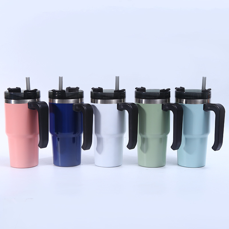 Cross-Border 20/30Oz Vacuum Car Cup Heat and Cold Insulation Large Ice Cup 304 Stainless Steel Handle Straw Cup Customization