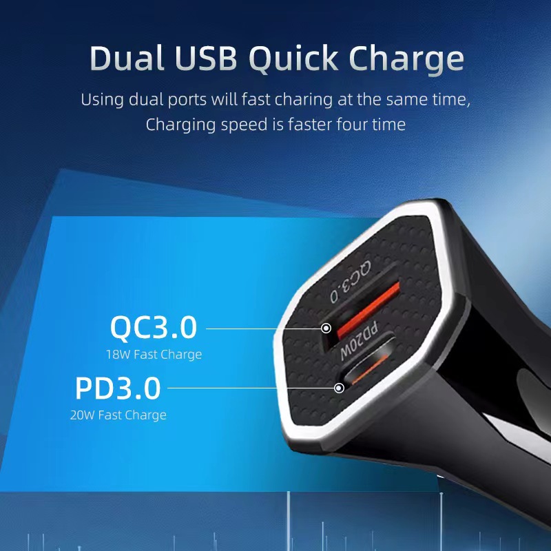 38W Qc3.0 + PD Dual Line Fast Charge Vehicle-Mounted Mobile Phone Charger Type-C Car Charger Car Charger Car Cigarette Lighter