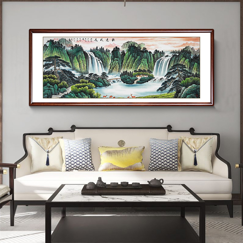 85jv源远流长山水画手绘聚宝盆风水画客厅装饰画办公室国画西墙挂