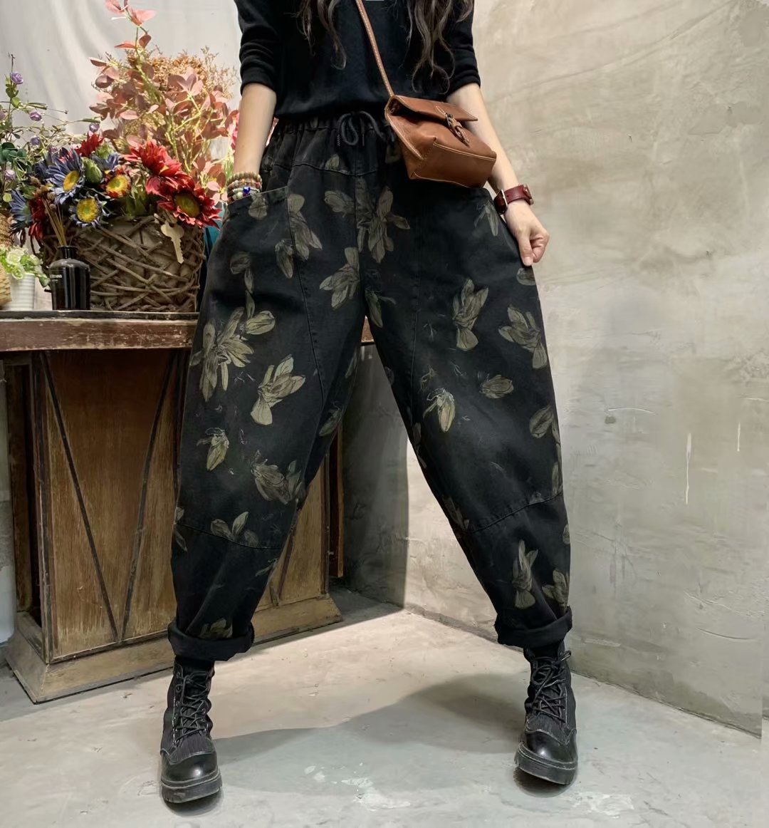 哈伦裤系带牛仔图片