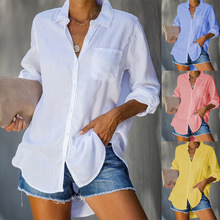 跨境欧美亚马逊速卖通新款女士衬衣纯色大码休闲宽松排扣衬衫女装