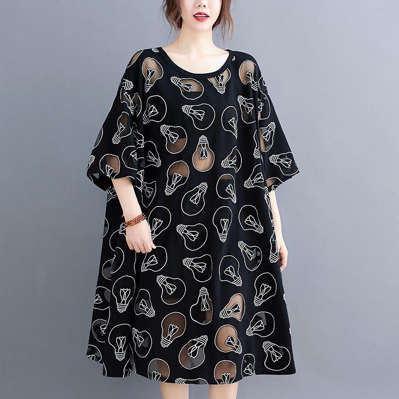 大码女装超宽松连衣裙加肥300斤遮肉网纱t恤裙中长款蕾丝上衣