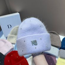 时尚wang字母兔毛针织帽冬季新款小香风轻奢镶钻毛线帽保暖头套帽