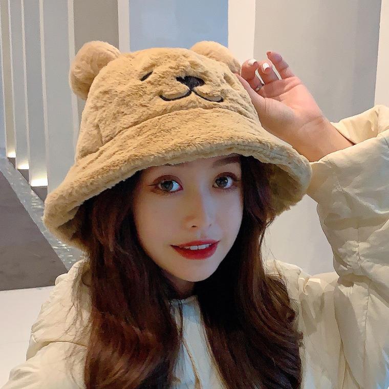 New Autumn and Winter Fisherman Hat Women Korean Style Fashion Bear Sweet Cute Lamb Wool Thickened Warm Hat Wholesale