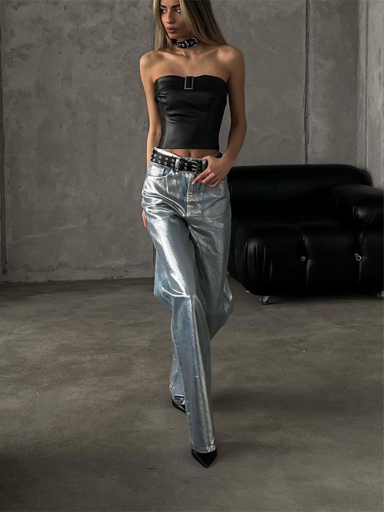 European and American Foreign Trade Straight Jeans Women's Autumn and Winter Fashion Hot Silver Glossy Design Sense Straight Mopping Pants Women's