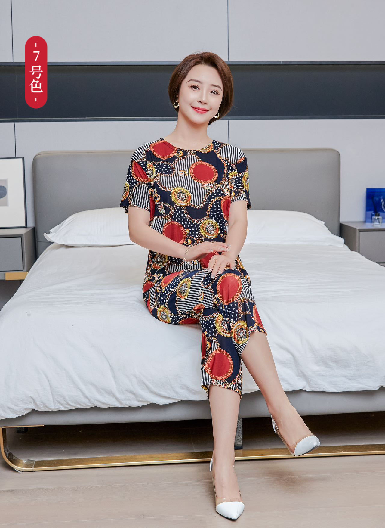 Summer New Ice Silk Mom Suit Middle-Aged and Elderly Women's Clothing Mother's Clothing Large Size plus-Sized Casual Women's Short Sleeve Wholesale