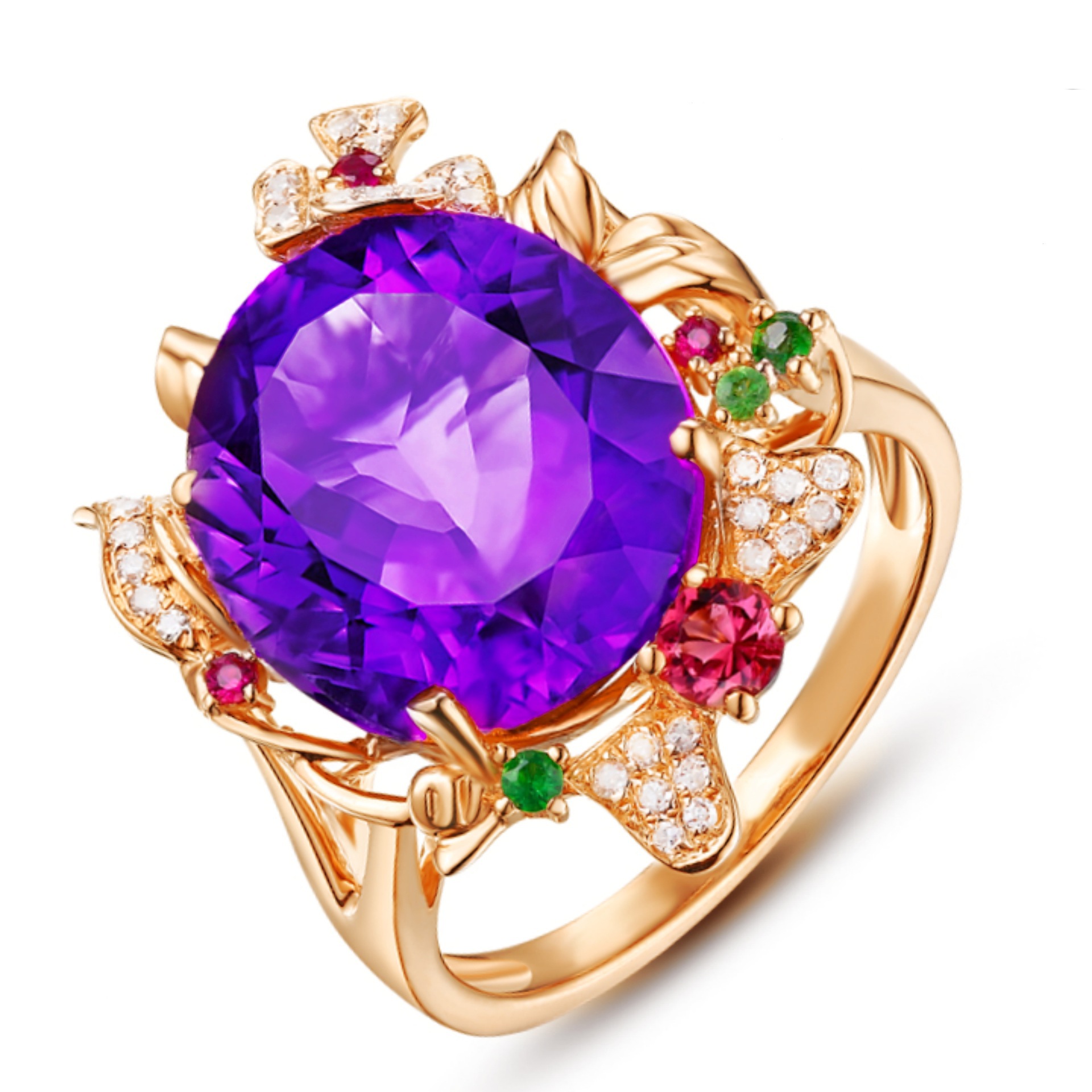 抖音直播戒指 镀18k紫水晶戒指 豪华镶紫碧玺重工彩色紫钻戒指