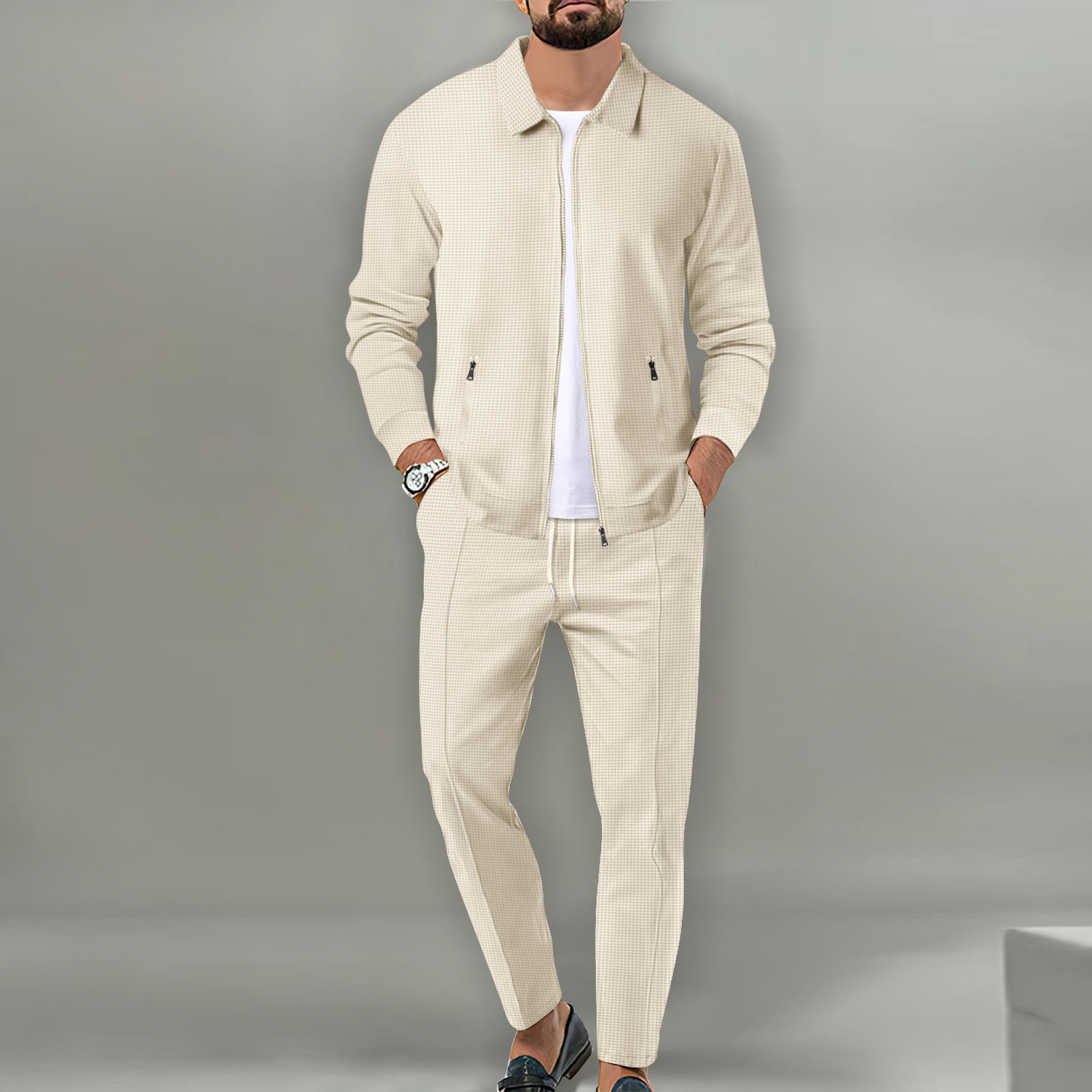 2023 cross-border coat men‘s autumn youth waffle zipper pocket lapel slim cardigan men‘s jacket suit