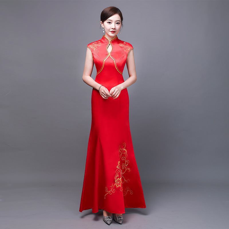 礼仪旗袍长款服装迎宾小姐青花瓷复古礼服红色酒店礼仪服装演出服