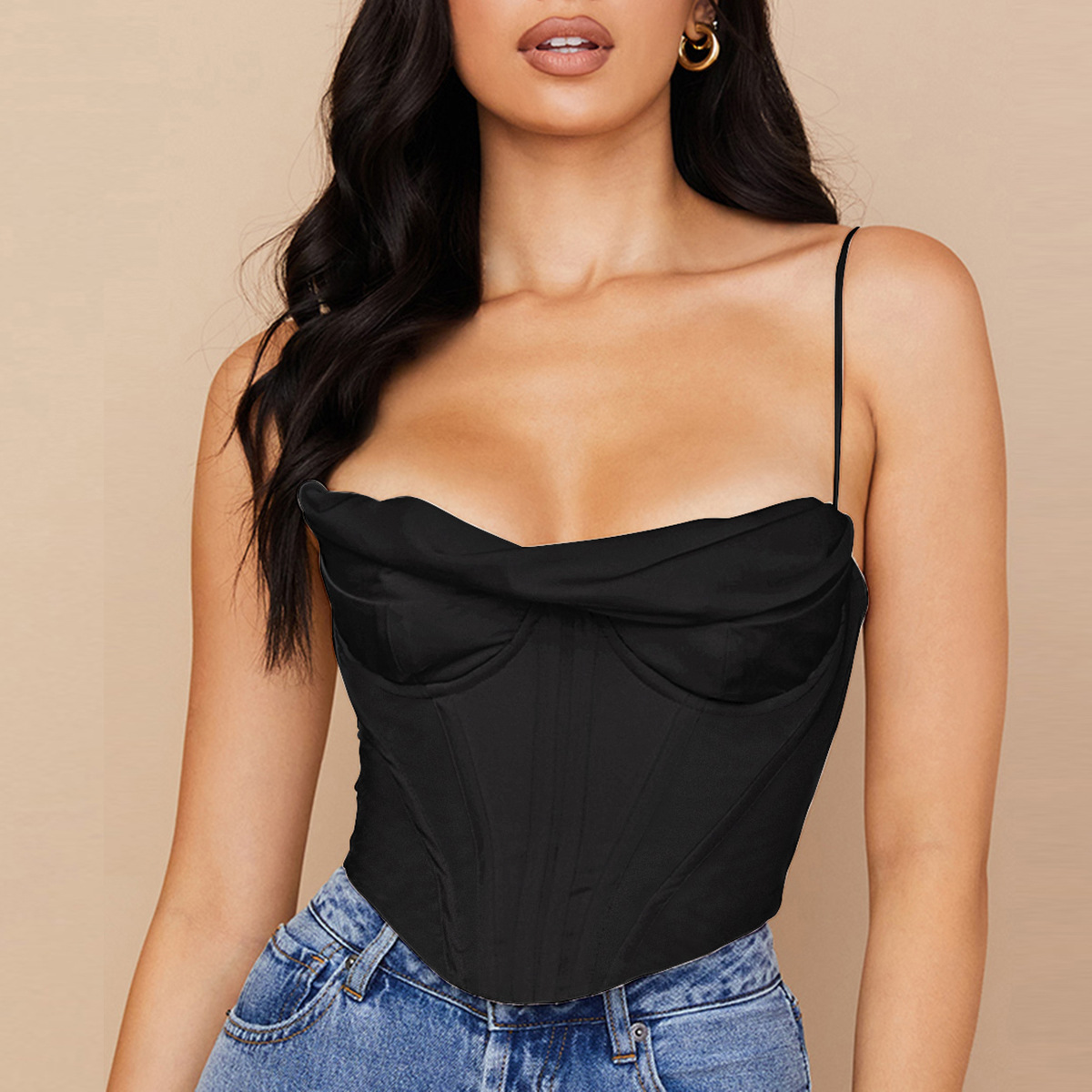 Sexy Satin Fishbone Pleated Halter Top