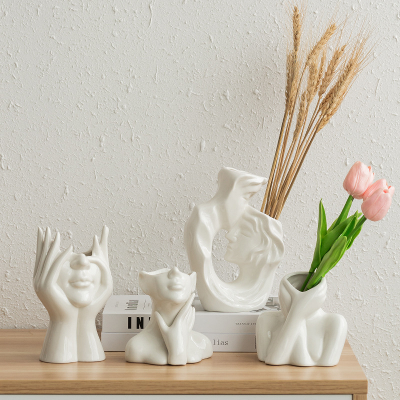 Facial Expression Ceramic Vase Ins Style Body Shape Personality Vase Nordic Home Decoration White Ceramic Vase