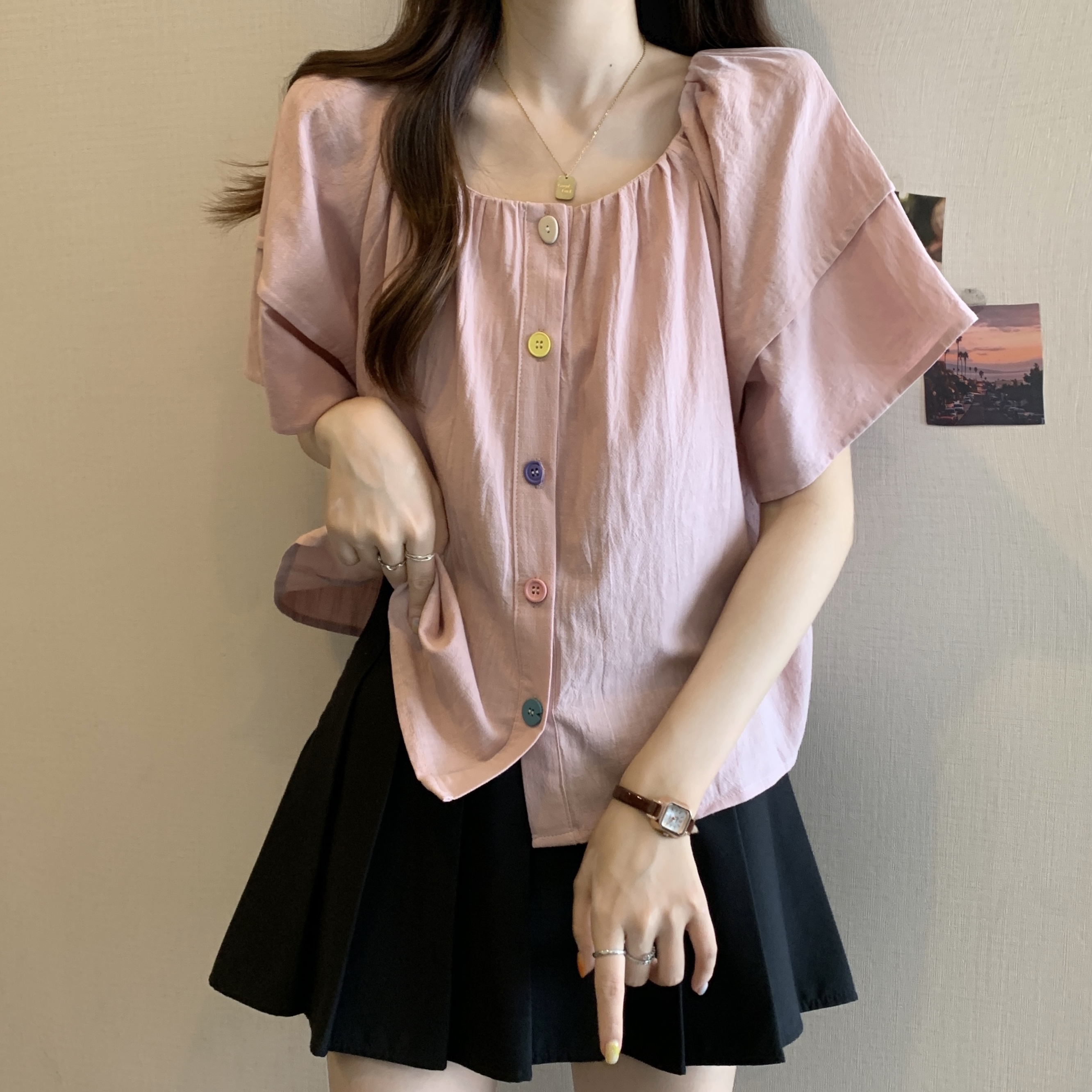 大码女装胖mm夏装新款2024韩版纽扣泡泡袖宽松衬衫别致遮肚子上衣