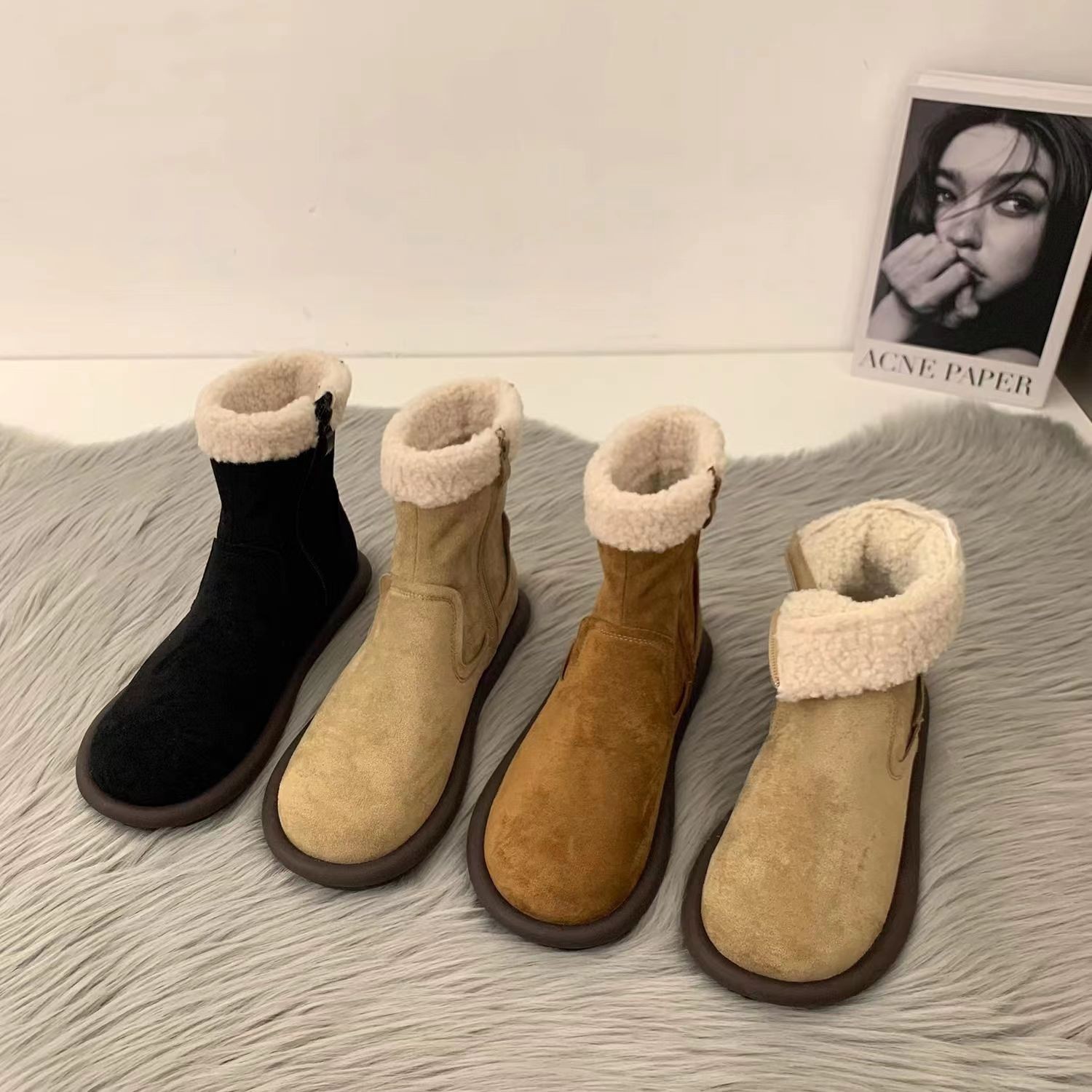 雪地靴女冬2023年新款森系复古加绒棉靴子平底丑萌毛毛短靴-阿里巴巴
