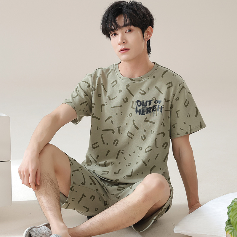 Men's Pajamas Summer Cotton Short-Sleeved Shorts Casual Youth Spring and Summer Can Be Worn outside Cotton Home Wear Set