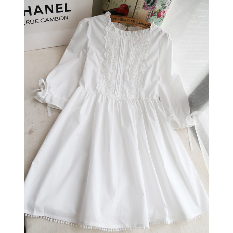 春秋女装甜美少女小清新日系蕾丝连衣裙夏季韩版仙女可爱白色裙子