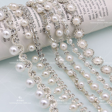 新款西装肩部珍珠水钻链条花式手缝钻diy花边饰品汉服