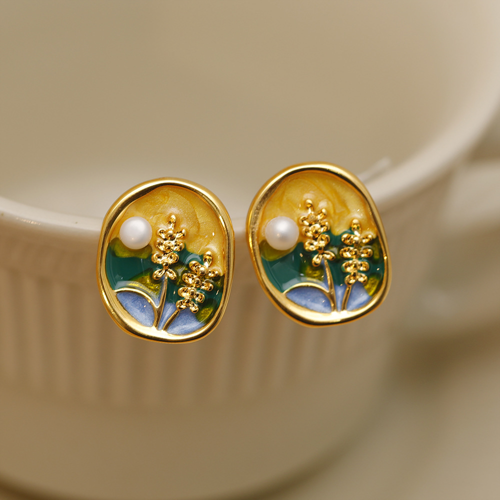日落印象法式复古风耳钉珐琅滴釉油画色珍珠撞色耳环优雅气质耳饰