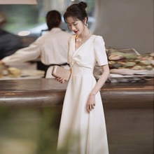礼服裙白色小礼服平时可穿法式登记领证宴会气质夏季缎面晚礼服裙