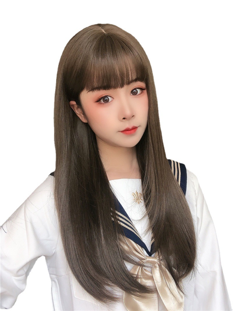 欧美假发气质女士空气刘海长直发柔顺自然黑色化纤发长发头套现货