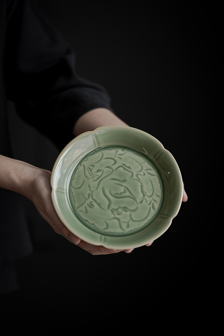 墨己 越窑半刀泥壶承 青瓷影雕花纹茶点盘 茶道配件葵口底盘底托