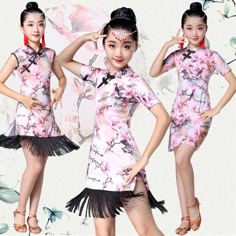 新款少儿古典旗袍拉丁舞蹈服中国舞国风女童碎花比赛表演演出服装
