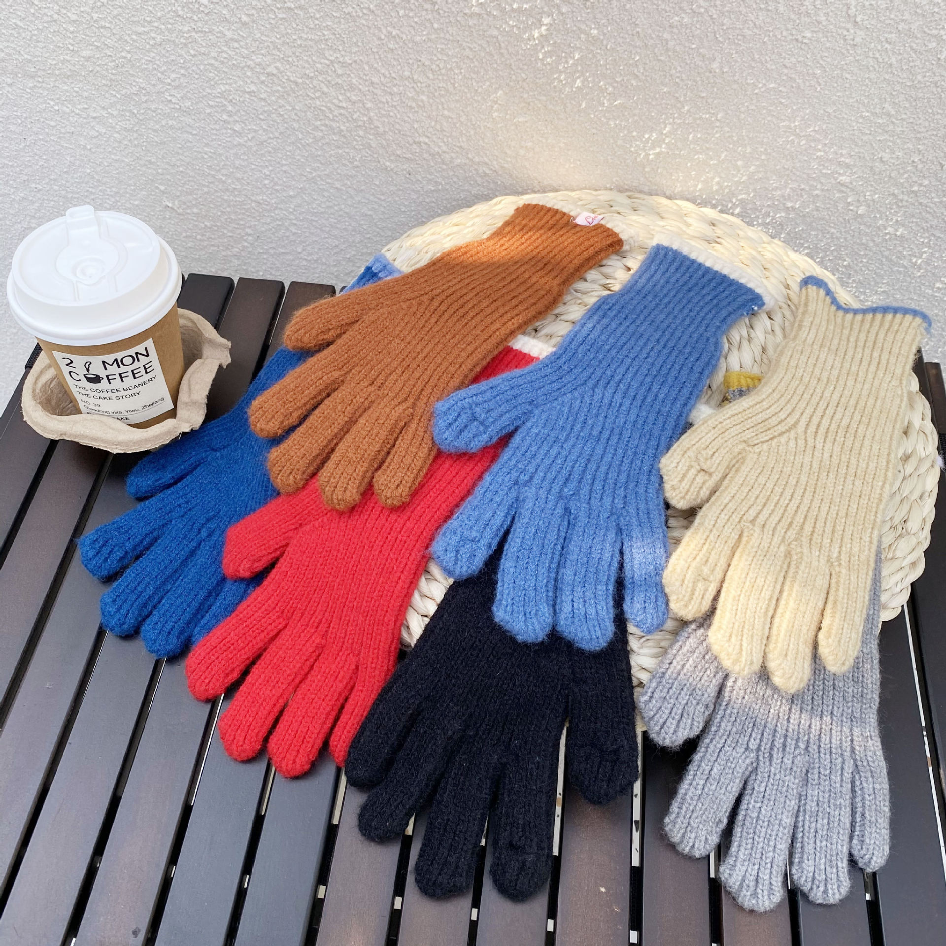 韩国东大门网红针织撞色分指手套破洞可触屏纯色毛线五指手套男女