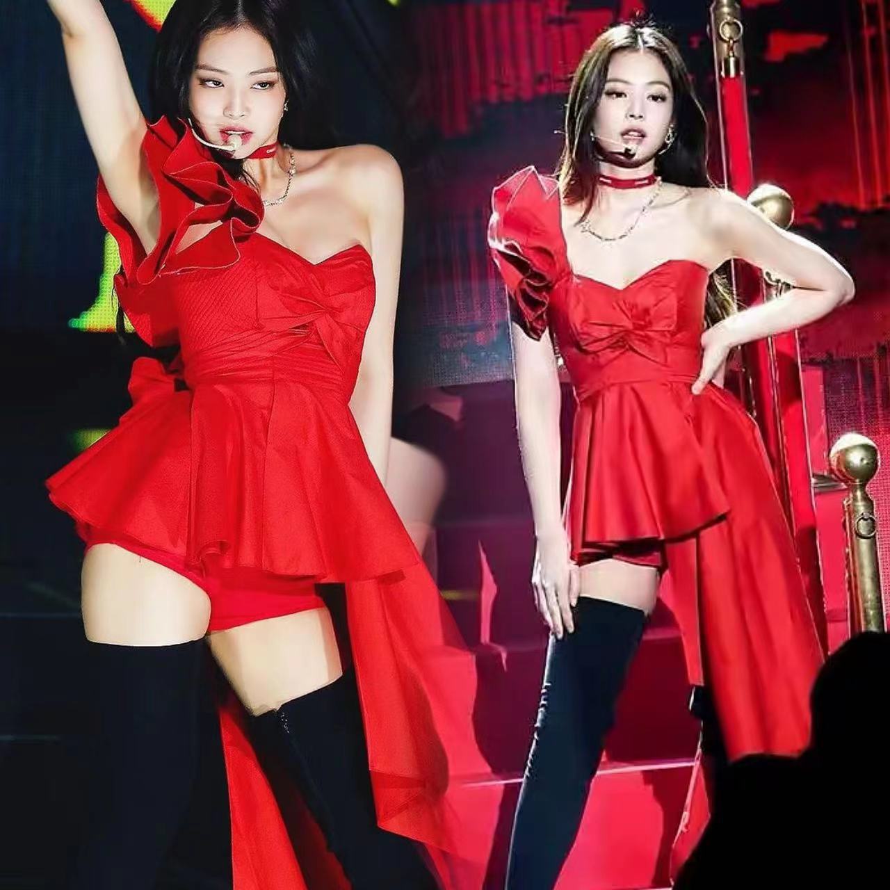 金智妮jennie同款打歌服红色露肩连衣裙blackpink女团舞台演出服
