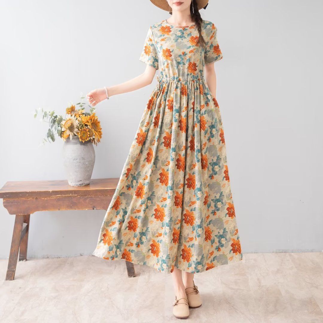跨境日系文艺复古棉麻长裙高腰抽绳连衣裙碎花宽松遮肉显瘦大摆裙