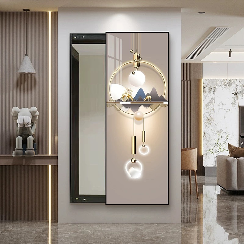 福字九鱼图镜子玄关装饰画隐藏式可推拉全身镜高清防爆试衣镜挂画