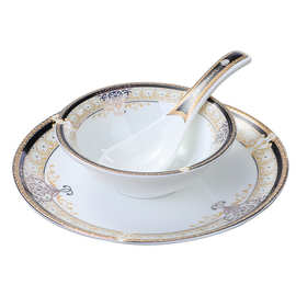 中式酒店用品摆台餐具四件套陶瓷包厢摆盘碗盘套装金色维也纳