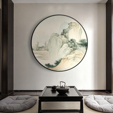 新中式茶室圆形装饰画客厅玄关山水画水墨国画禅意挂画中国风壁画