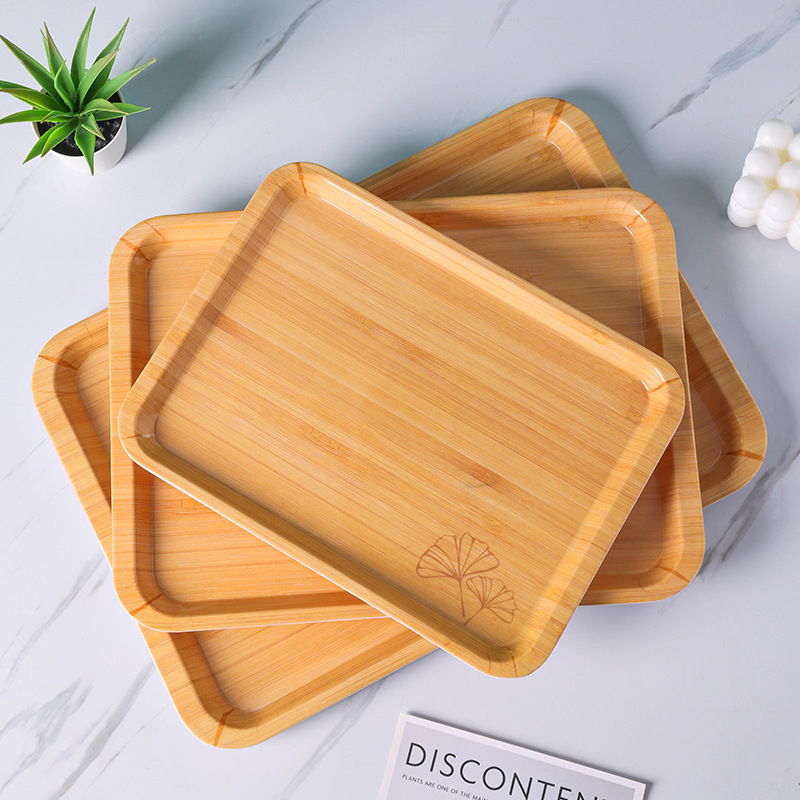 New Household Good-looking Melamine Tray Bamboo Wood Grain Storage Tray Light Luxury High-Grade Light Luxury Breakfast Tray Wholesale