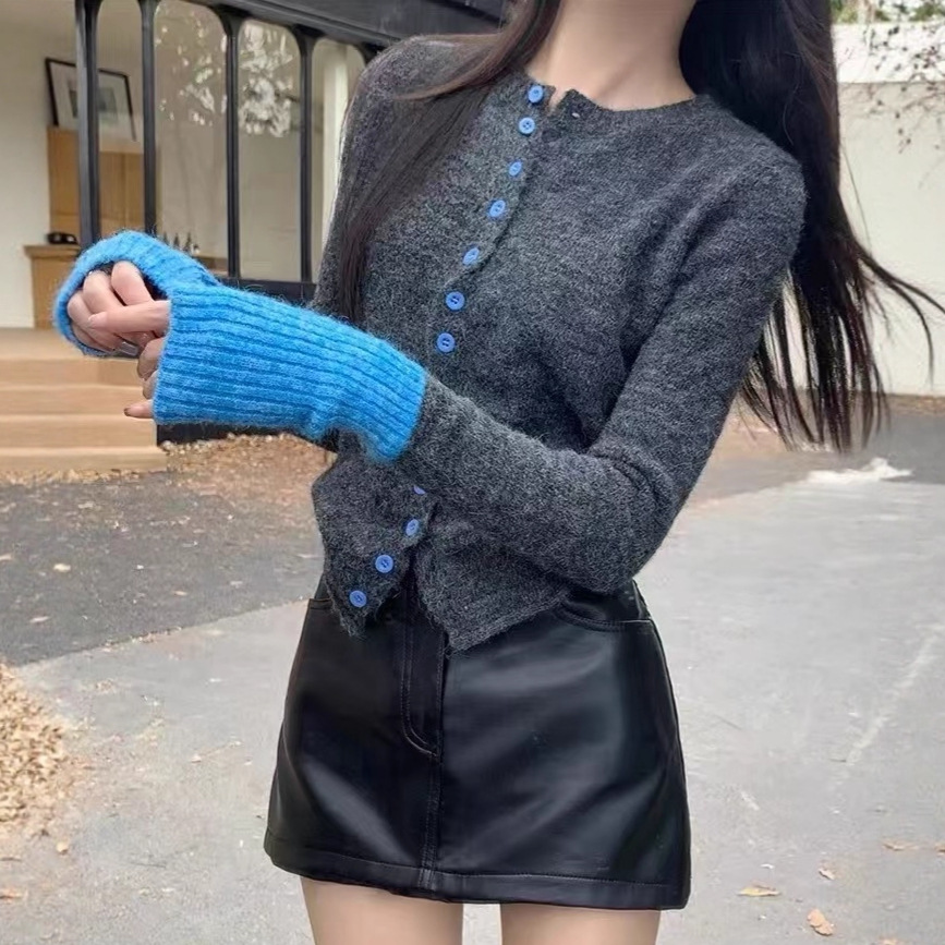 秋冬新款撞色圆领针织衫开衫毛衣女软糯长袖慵懒风假两件上衣拼色