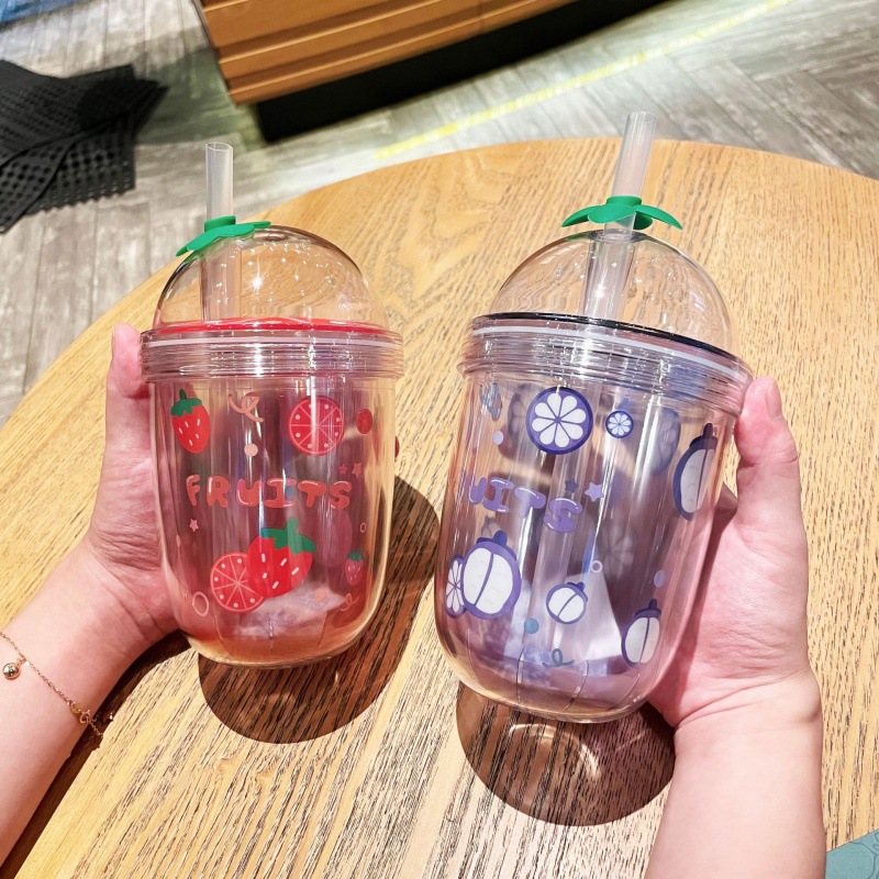 Creative New Online Celebrity Double-Layer Cup with Straw Plastic Thickened Juice Cup Trendy Cute Girl Heart Strawberry Watermelon Cover