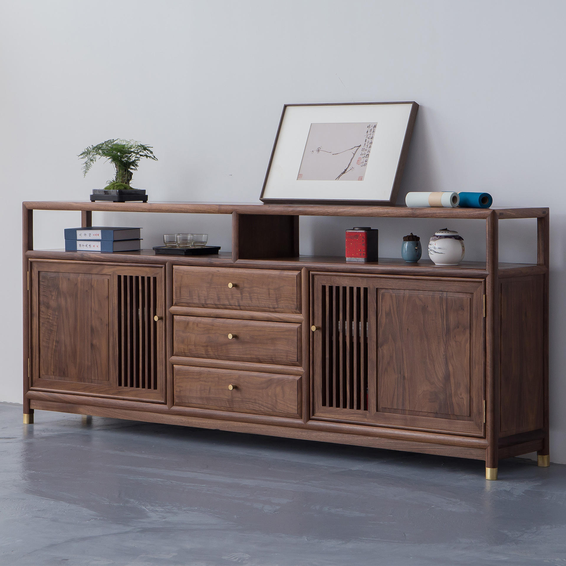 新中式实木餐边柜边柜樱桃木玄关柜茶室黑胡桃木储物柜收纳柜家具