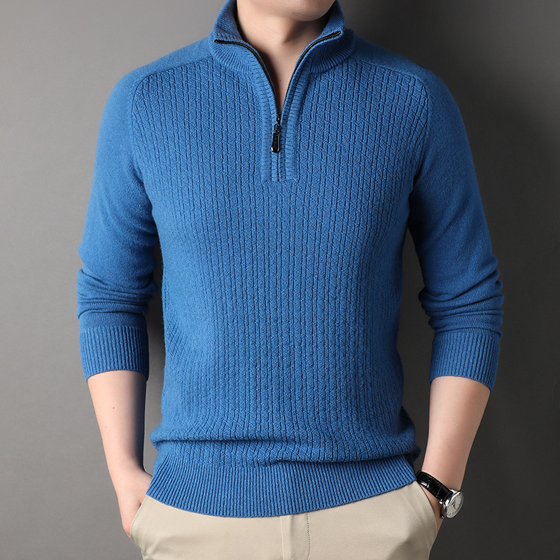 2023 Men's 100% Woolen Sweater Winter High-Grade Half Turtleneck Zipper Sweater Pure Wool Sweater Thermal Bottoming Shirt
