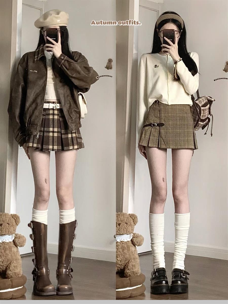 美拉德穿搭思路~美式复古学院风棕色系白色靴袜过膝堆堆袜小腿袜