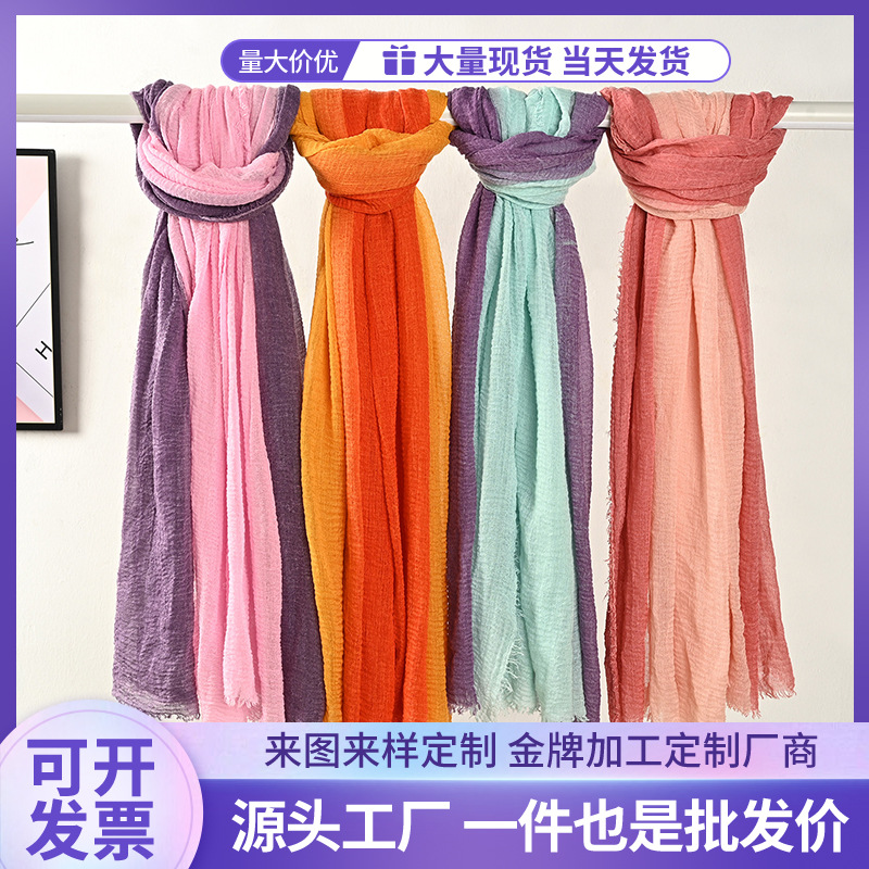 Cross-Border New Arrival Gradient Color Bubble Towel Pleated Cotton and Linen Scarf Women‘s Fashion Short Beard Headscarf Shawl Factory Wholesale