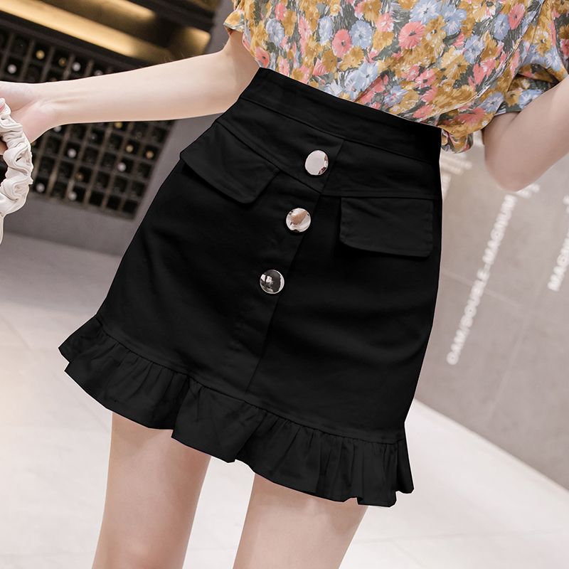 牛仔排扣小短裙鱼尾半身裙a字裙夏2024新款性感荷叶边包臀裙裤裙