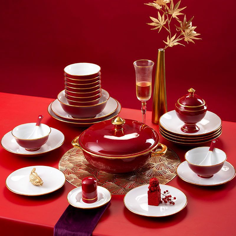 景德镇碗碟套装家用复古正德红结婚送礼婚庆乔迁餐具套装中式碗盘