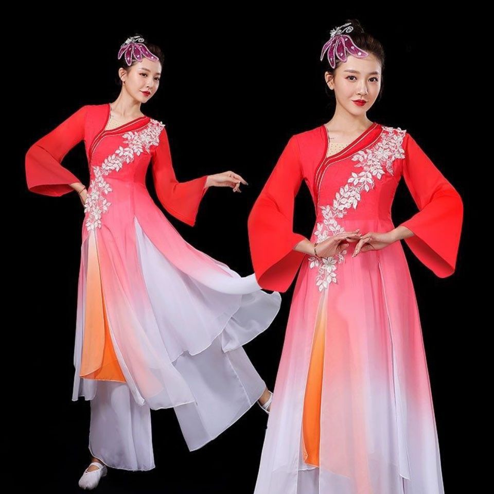 古典舞演出服女飘逸中国风现代长裙民族舞蹈落花伴舞伞扇子舞服装