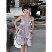 女童吊带绸缎蛋糕裙2024夏季新款洋气甜美连衣裙舒适亲肤时尚女宝
