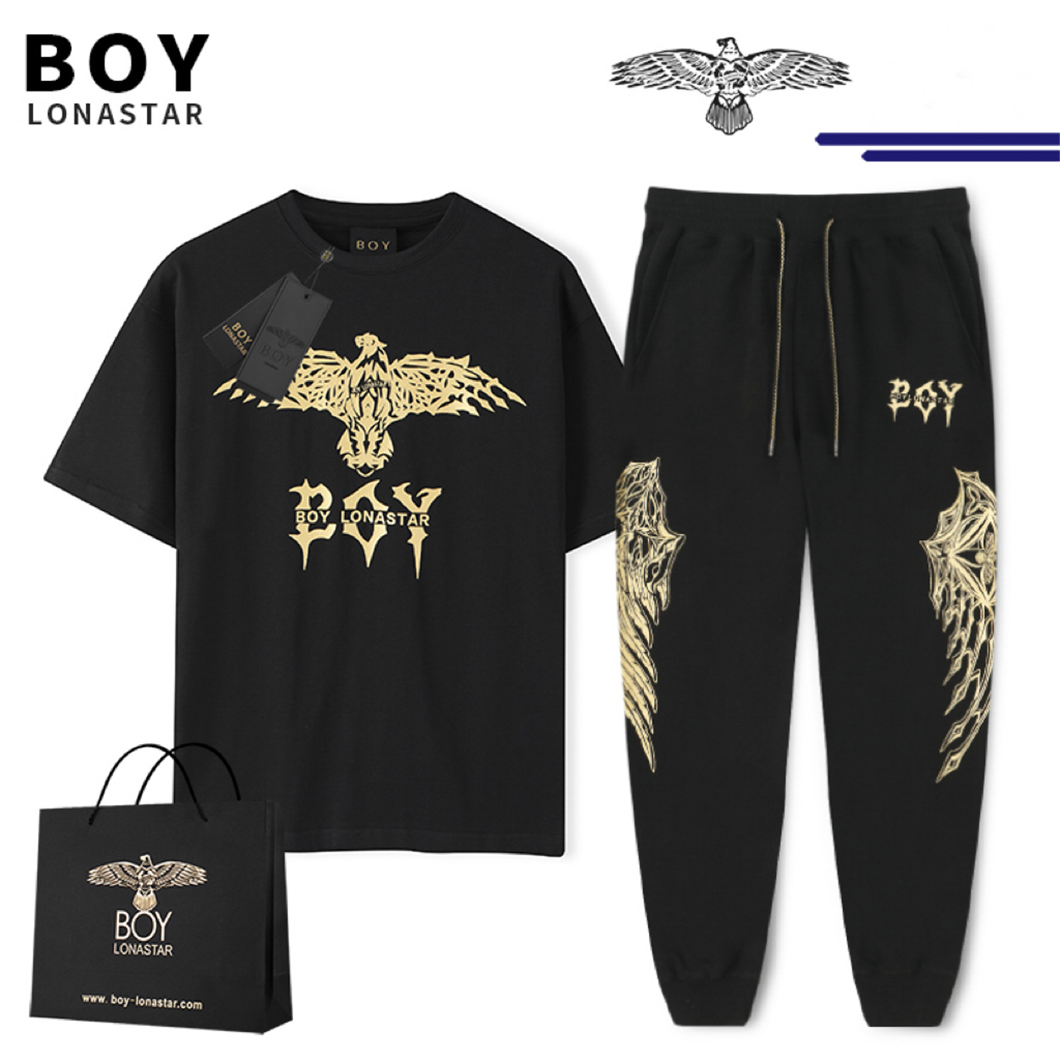 潮牌boy lonastar24春夏季套装烫金荆棘老鹰情侣套装翅膀宽松短袖